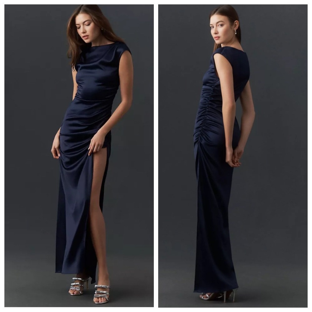BHLDN Francesca High-Neck Stretch Satin Maxi Dress Navy XS New Anthropologie